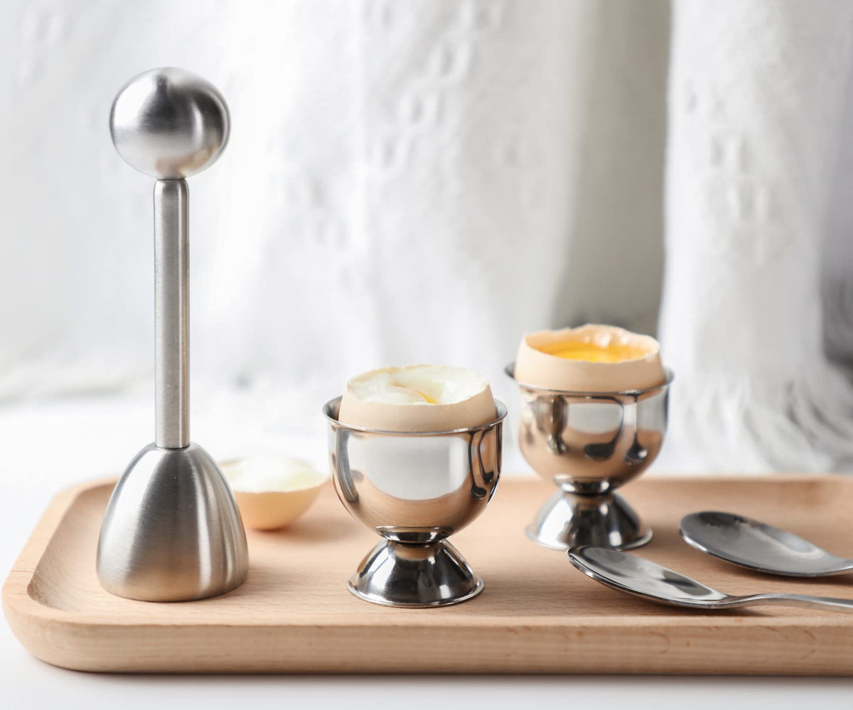 Egg Cups for Soft Boiled Eggs Holder - Egg Cracker Topper Tool Set Includes 4 Egg Cups, 4 Egg Spoons, 1 Egg Cracker Topper Perfect Egg Cutter Tool for Breakfast
