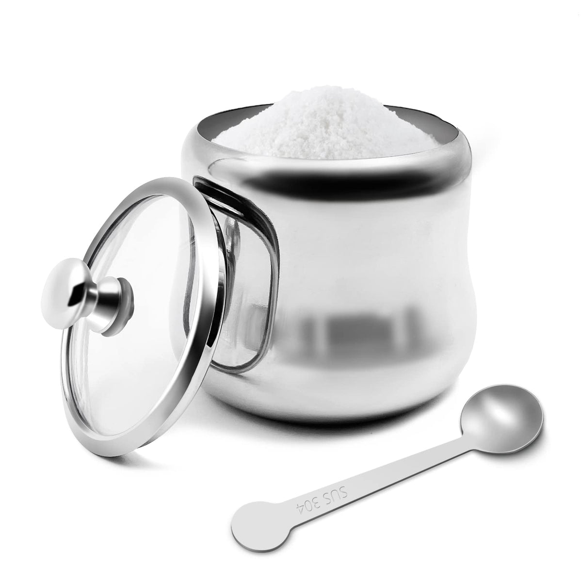 XHKDSYMC 300ml Stainless Steel Sugar Bowl with Lid and Spoon 10 OZ Coffee Seasoning Jar Condiment Pot Spice Container Canister Cruet with Lid and Spoon (Style B)
