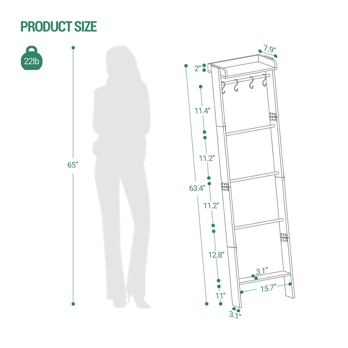 Hzuaneri Blanket Ladder Shelf, Decorative Quilt Rack, 6-Tier Farmhouse Ladder Holder Organizer with 4 Removable Hooks 7.9" D x 17.3" W x 63.4" H, Black BR35804B