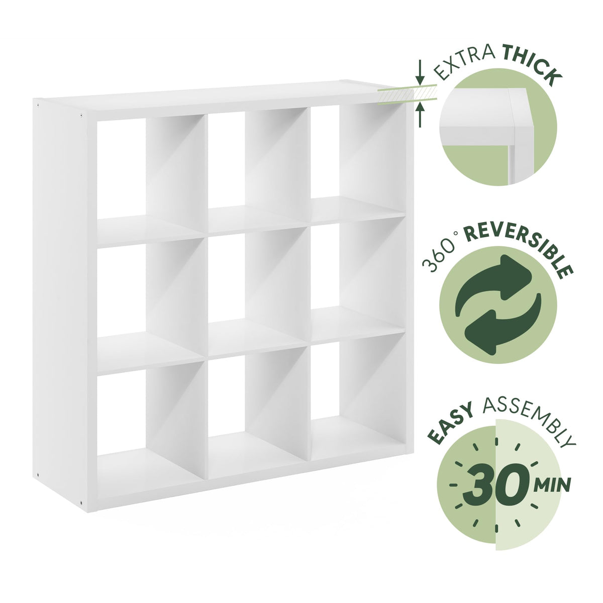 Furinno Cubicle Book Shelf, 9-Cube Bookshelf, Extra Thick Frame Reversible Tall Wide Bookcase with Open Back, 14.6 x 44 x 44, for Living Room, Bedroom, Home Office, Plain White