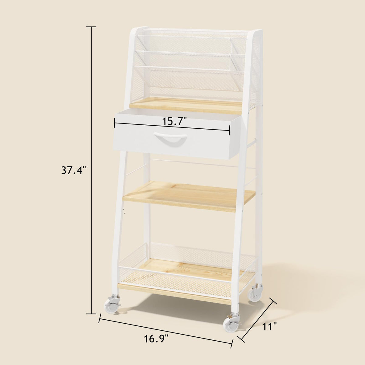 Homsorout 3 Tier Rolling Cart - Metal Utility Cart with Storage Drawer and Wheels, Versatile Art & Craft Organizer for Home, Office, or Studio - Ideal for Storing Brushes, Paints, and Supplies（Maple）