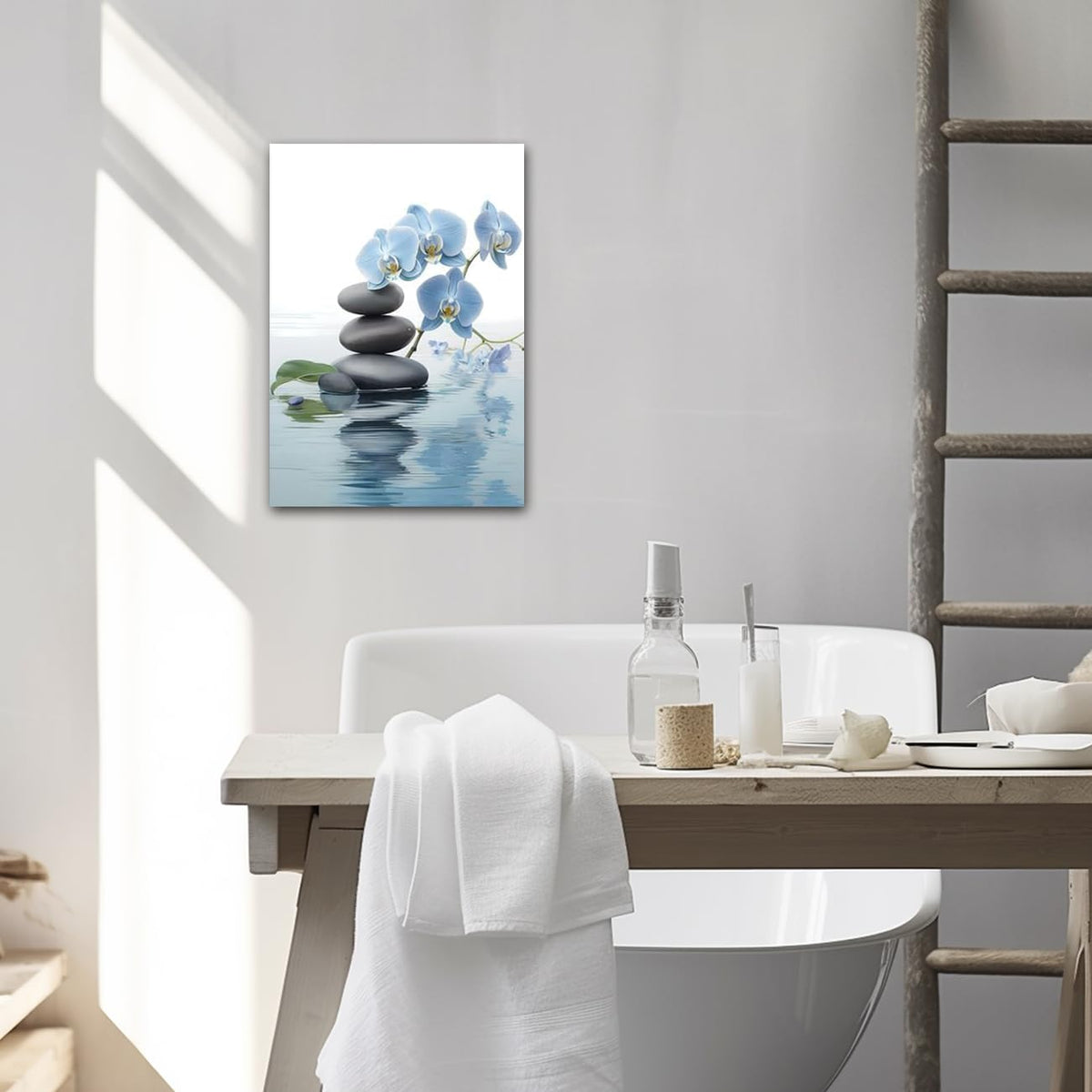 CXHOSTENT Spa Bathroom Wall Art Blue Orchid Flowers and Zen Stones on Water Pictures Print on Canvas Framed Artwork for Yoga Zen Room Decor (Zen-3, 12.00"x18.00")