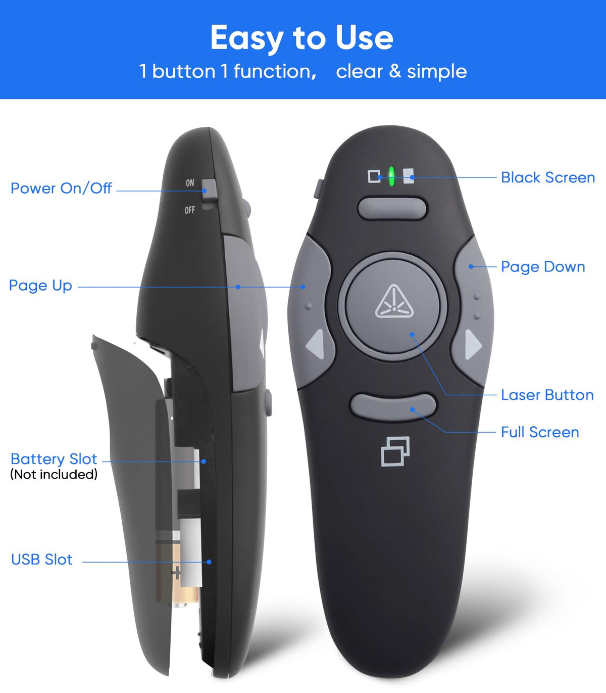 Agaritek Presenter Clicker for PowerPoint Presentations, USB Wireless PPT Remote Clicker with Laser Pointer for Mac/Windows/Linux, Google Slide/PPT/Keynote, Page Flip, Full/Black Screen, Plug and Play