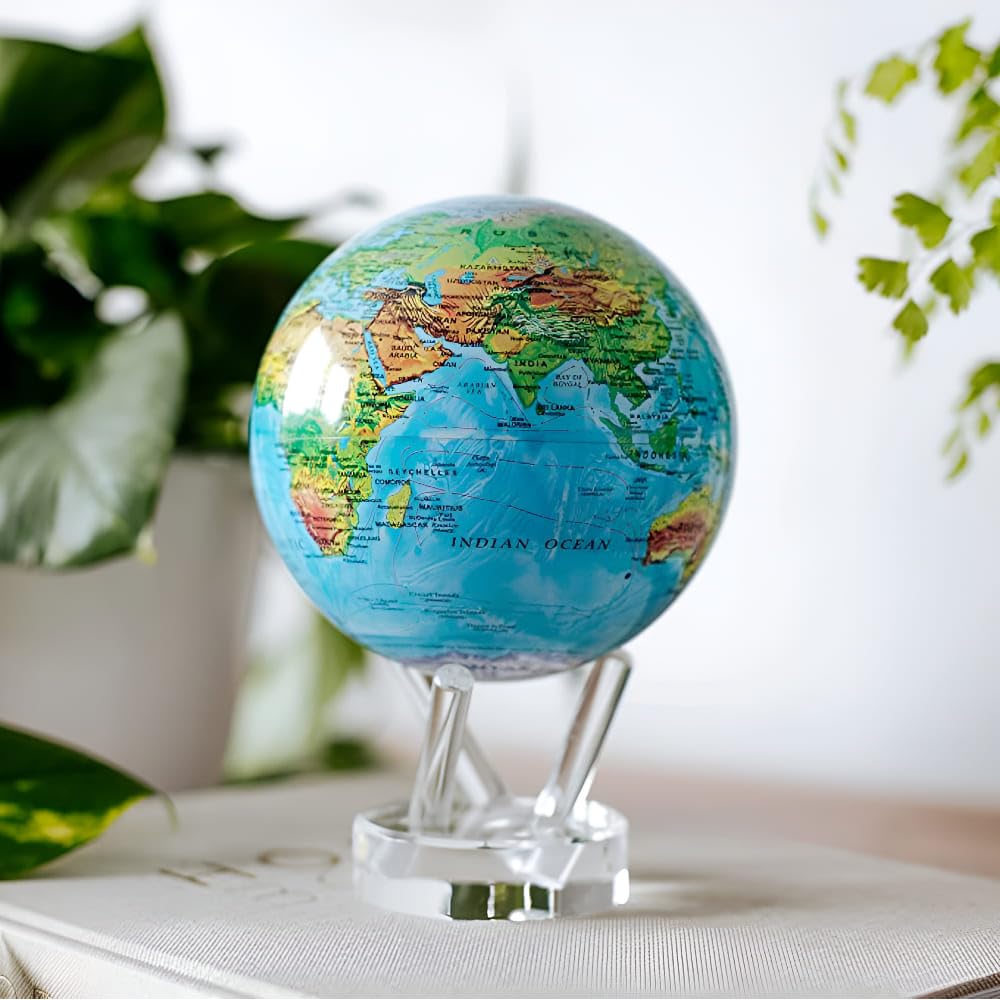 MOVA Globe - Ocean Blue Relief Classic (4.5") | Solar-Powered Rotating World Globe with Terrain Detail | No Batteries or Cords | Elegant Desk Décor or Educational Gift
