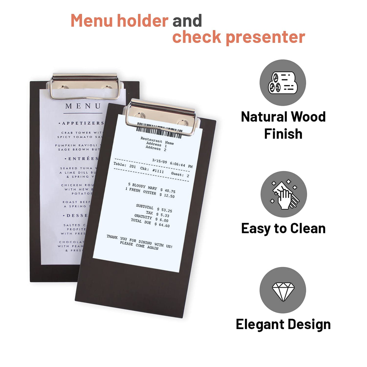 Olbia 10-Pack Wood Check Presenters for Restaurants, Server Book, Menu Holder for Cafes, Wooden Clip Board, Cute Waitress Book Organizer, Server Note Pads, Guest Check Book 8" x 4" (Walnut)