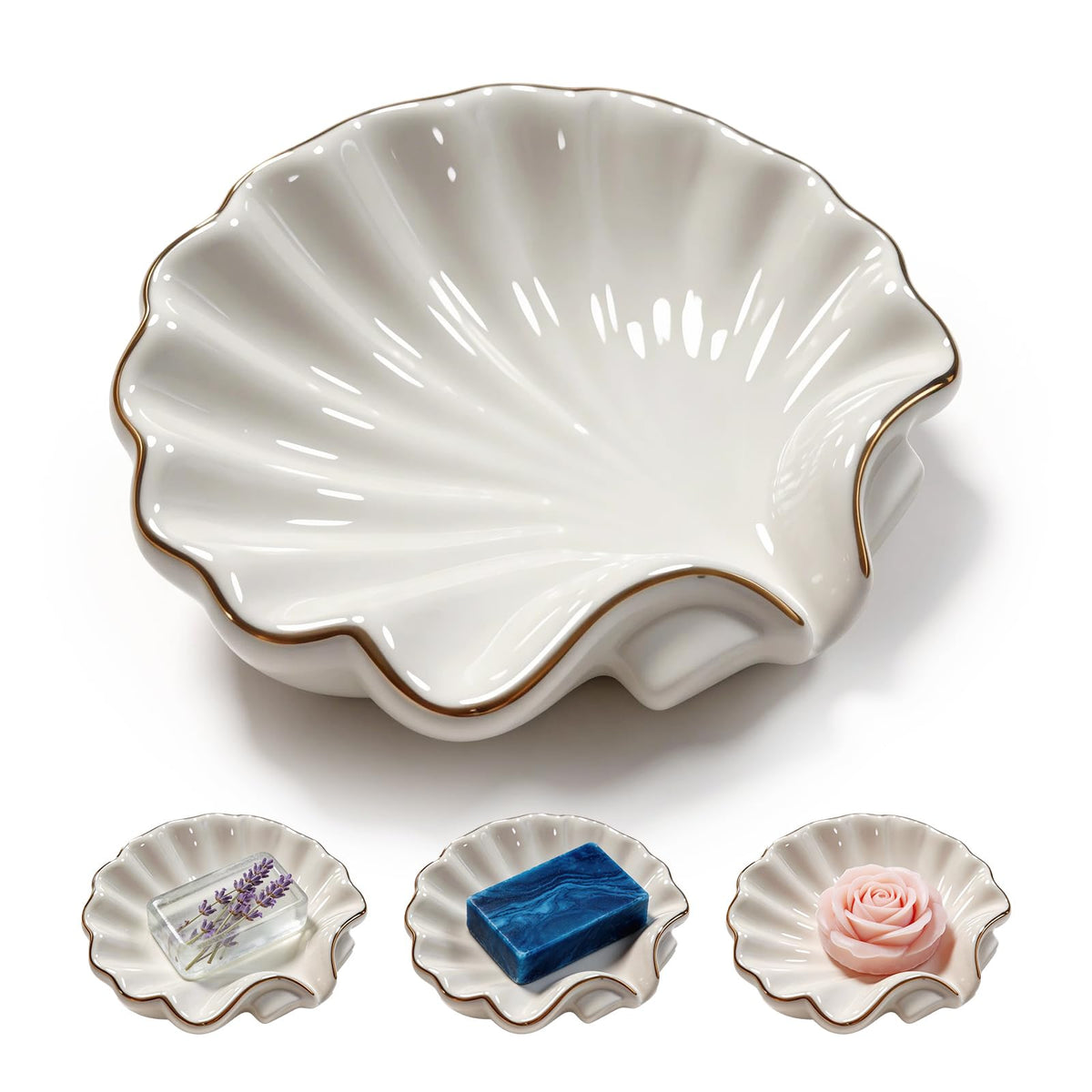 Shell Soap Dish,Ceramic Soap Dishes for Bar Soap – Decorative Bathroom Accessory with Gold Trim, Non-Slip Design, Easy to Clean, Ideal for Shower, Vanity, and Kitchen Sink Use