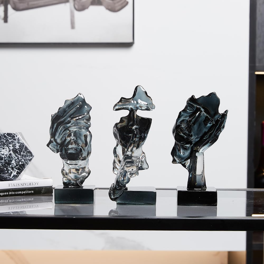 XINXUAN 3PCS Thinker Statue Set : Silence is Gold Abstract Art Statue- Modern Home Resin Sculpture, Piano, Desktop, Office, Study Decoration (Smoke Grey)