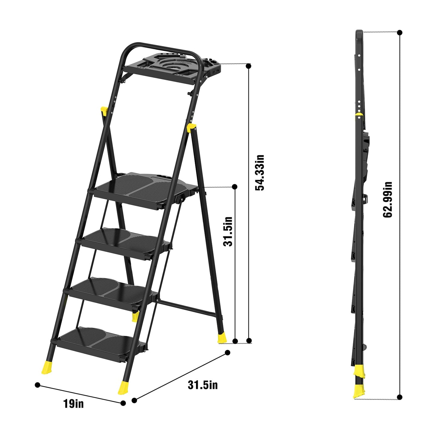 4 Step Foldable Step Ladder with Roomy Tool Tray, Platform Ladders Stepstools, Step Stool 4 Step Folding with Wide Non-Slip Pedals and 800lbs Bearing Capacity for Adults, Home, Kitchen, Black Yellow