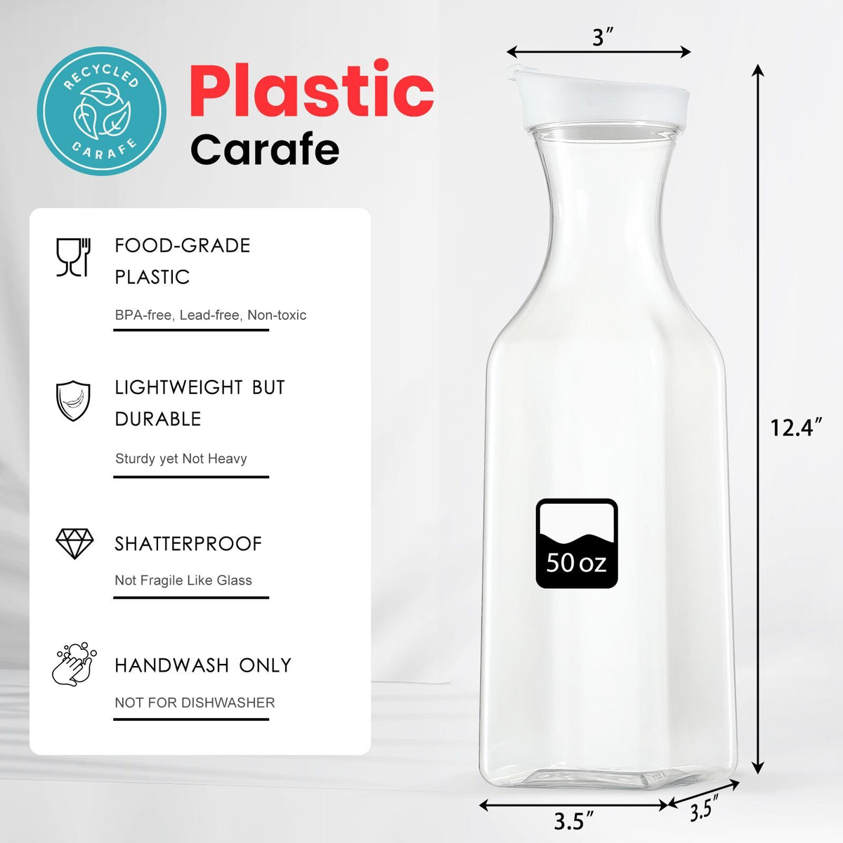 Plastic 50 Oz Water Carafe with Flip Top Lid, Set of 6 Square Base Clear Plastic Juice Container Pitcher - for Water, Iced Tea, Juice, Beverage, Lemonade, Milk and Mimosa Bar - HAND WASH ONLY