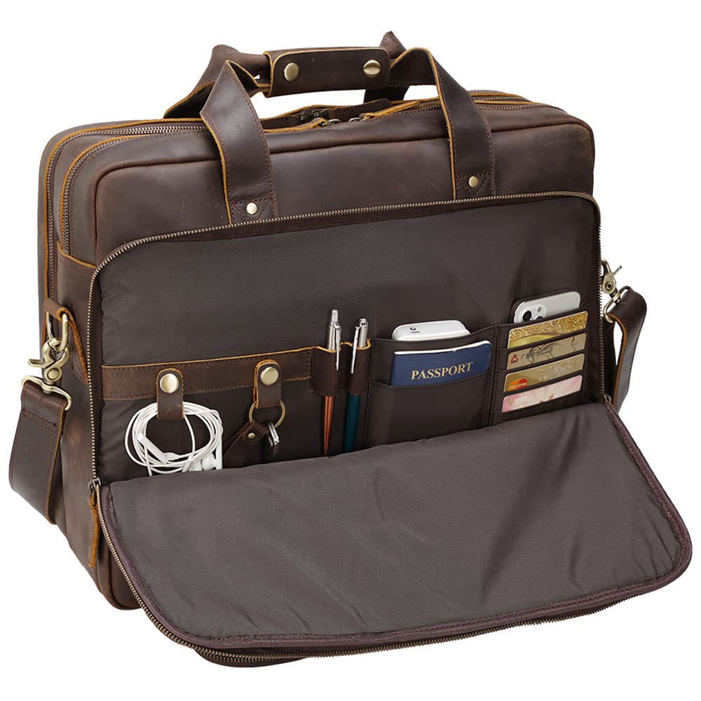 TIDING X-Large 18 Inch Full Grain Leather Briefcase for Men 17.3" Laptop Messenger Bag Business Travel Handbag Shoulder Bag