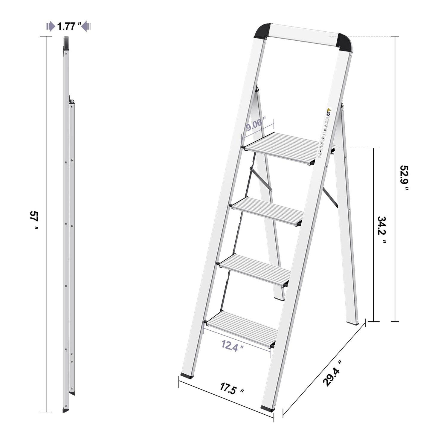 KINGRACK Aluminium 4 Step Ladder, Lightweight Step Stool with Non-Slip Pedals, Handrail, Foldable Step Ladder for Kitchen, Garage, Home, Space Saving, Sturdy and Portable, Silver