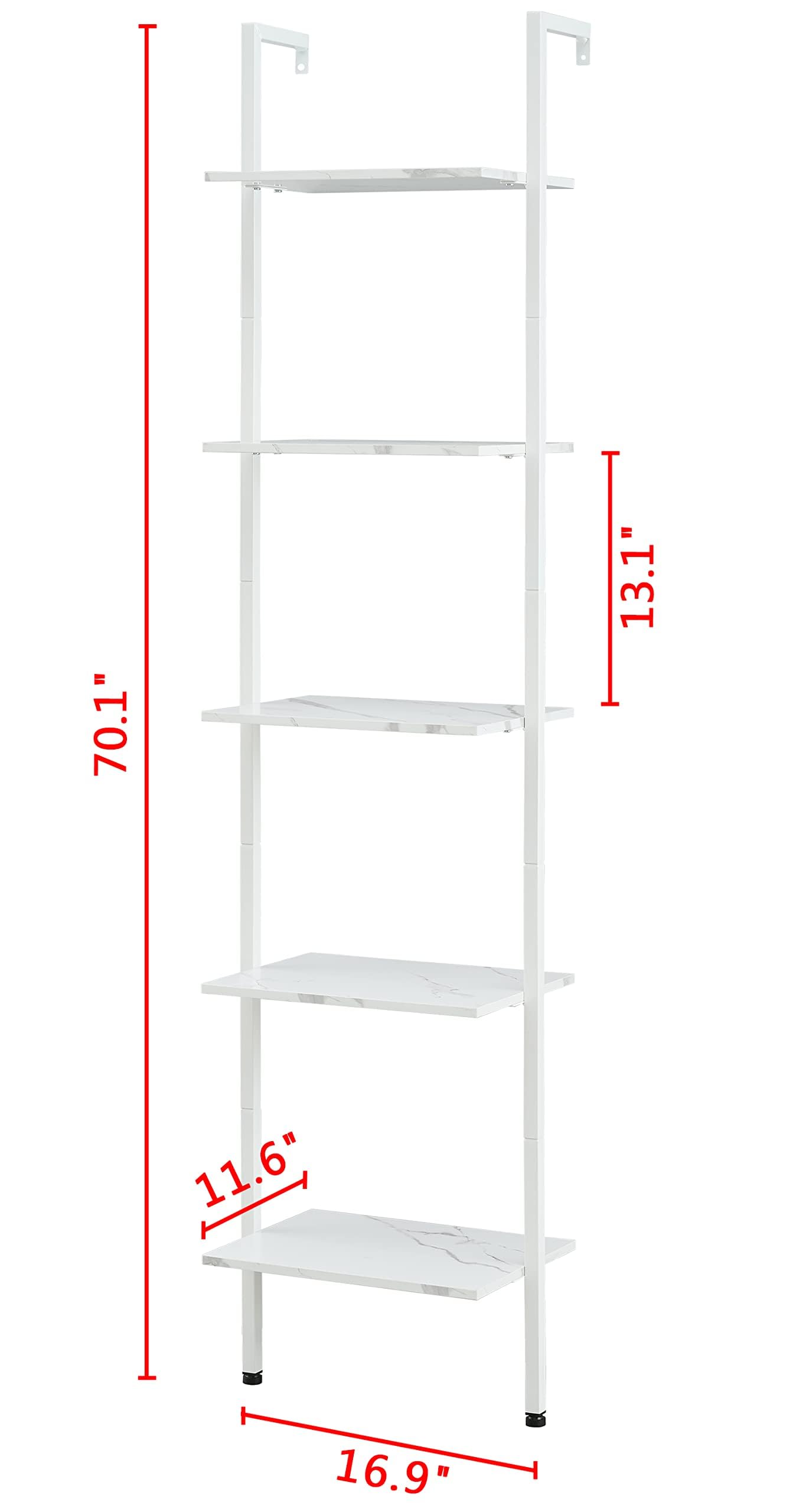 Tajsoon Ladder Shelf, White 5-Tier Wood Wall Mounted Bookcase with Metal Frame, Modern Open Display Rack, Storage Shelves for Bedroom, Home Office, Living Room