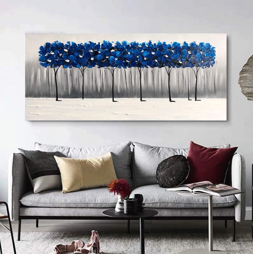 Yihui Arts Hand Painted Blue Tree Landscape Oil Painting on Canvas, Modern Abstract Wall Art for Living Room, Bedroom, Office Decor