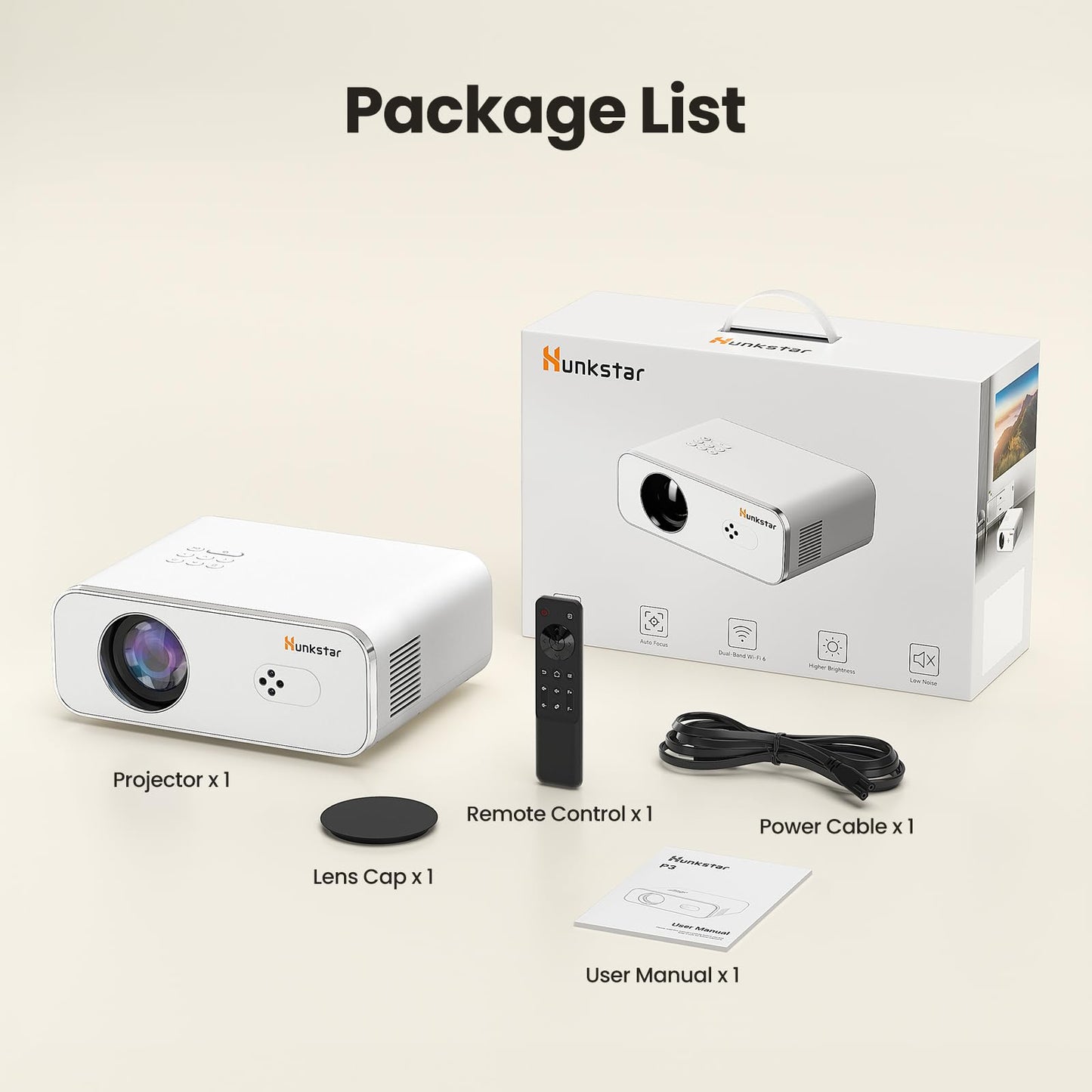 HUNKSTAR Mini Projector, 4K Support Projector with Wifi 6 and Bluetooth 5.2, 1000 ANIS Portable HD1080P Home Video Projector with Auto Focus, Suitable for Family Gatherings, Various Festivals (White)