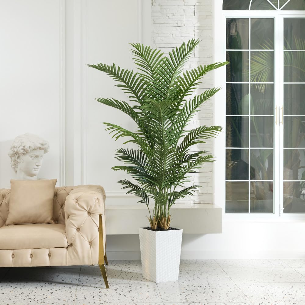 VeriNatural 6FT Artificial Palm Tree - Tall Fake Tree with White Taper Planter & Pebbles, UV Resistant for Indoor & Outdoor Decor - Large Potted Faux Plant for Living Room, Office, Home Decor,VN130
