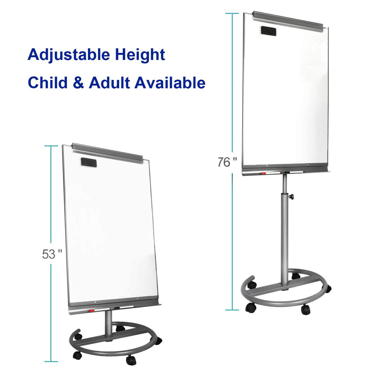 BIBOC Mobile Dry Erase Board – 40x26 inches Magnetic Portable Whiteboard Stand Adjustable Easel White Board Flipchart Easel Board with 25 Sheets Paper Pad 1 Eraser, 2Markers