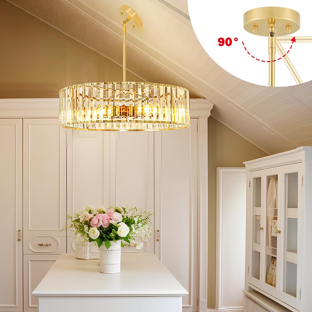 Gold Crystal Chandelier for Dining Room, 6-Light Modern Semi Flush Mount Ceiling Lighting Fixtures, Round Kitchen Fixtures Ceiling, Hanging Drum Pendant Lights for Living Room Bedroom Foyer, 19IN, E26