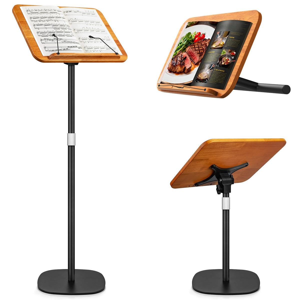 2 in 1 Dual-use Music Stand & Desktop Book Stand, Adjustable Height 16.5"-51", 100% Solid Wood Laptop Floor Stand Book Holder with Page Clips for Cookbooks, Sheet Music (Brown)