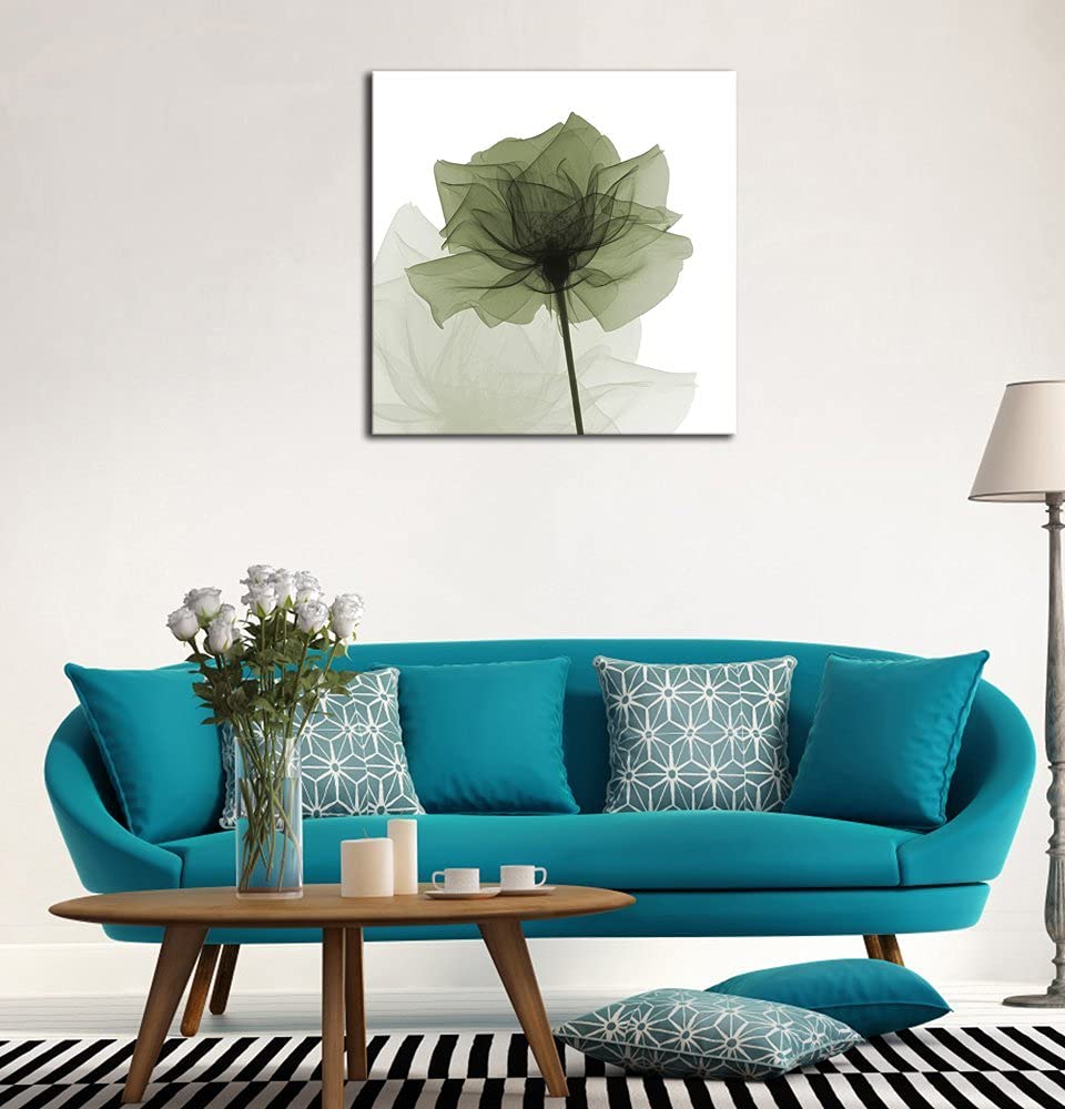 Wieco Art Large Contemporary Gallery Wrapped Floral Giclee Canvas Print Green Flickering Flowers Pictures Paintings on Canvas Wall Art Ready to Hang for Living Room Home Decorations 24x24 inch