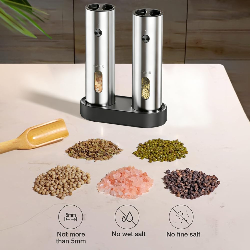 Cavir Electric Salt and Pepper Grinder Set with Charging Base,Upgraded Large Capacity, Automatic Salt and Pepper Mill Set LED light & 6-Level Adjustable Coarseness, Ideal for Home Kitchen BBQ