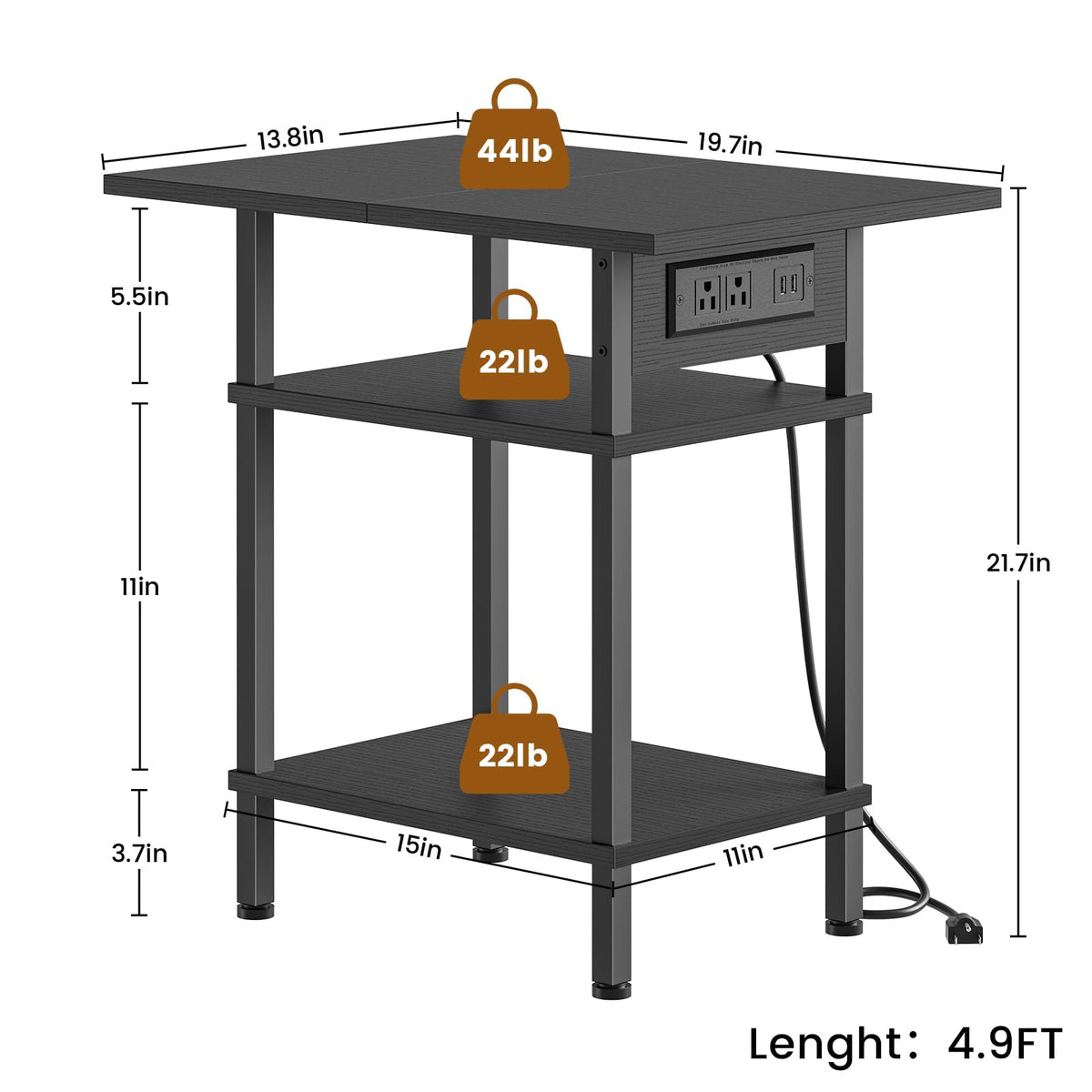 Asgolion Side Table with Charging Station, Skinny Nightstand with USB Ports and Outlets, 3 Tier Narrow End Table with Storage for Bedroom, Living Room, Office, Black