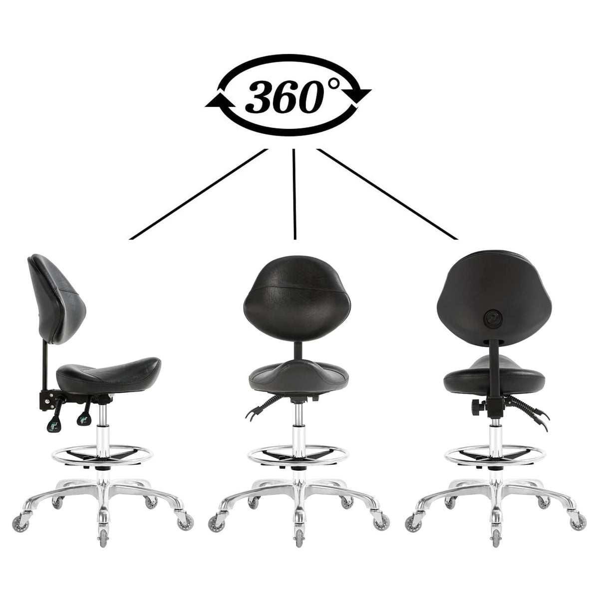 Nazalus Saddle Stool Chair with Back Support Footrest, Heavy-Duty(350LBS), Hydraulic Rolling Swivel Adjustable Stool Chair for Salon Spa Beauty Massage Dental Clinic Home Office Use