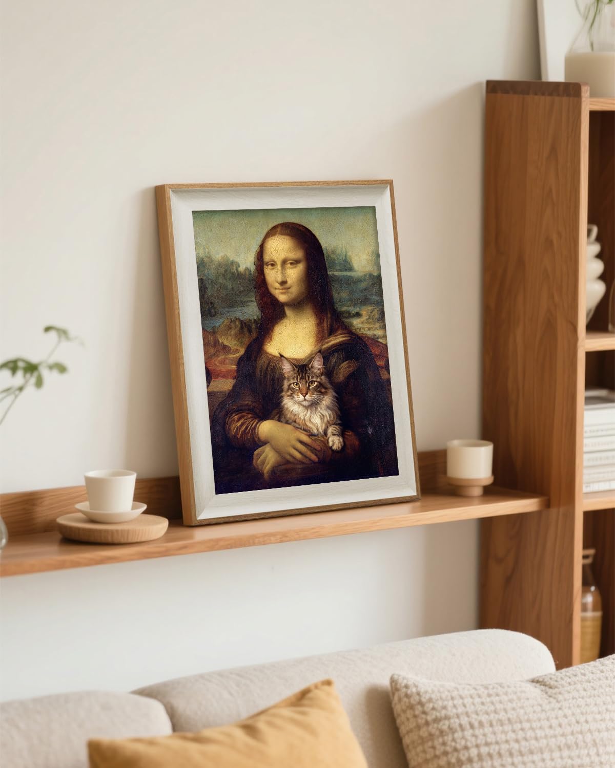 ARPEOTCY Framed Canvas Wall Art, 12x16 Mona Lisa-Inspired Portrait with Cat, Humorous Classical Style Wall Decor for Office Living Room Bathroom