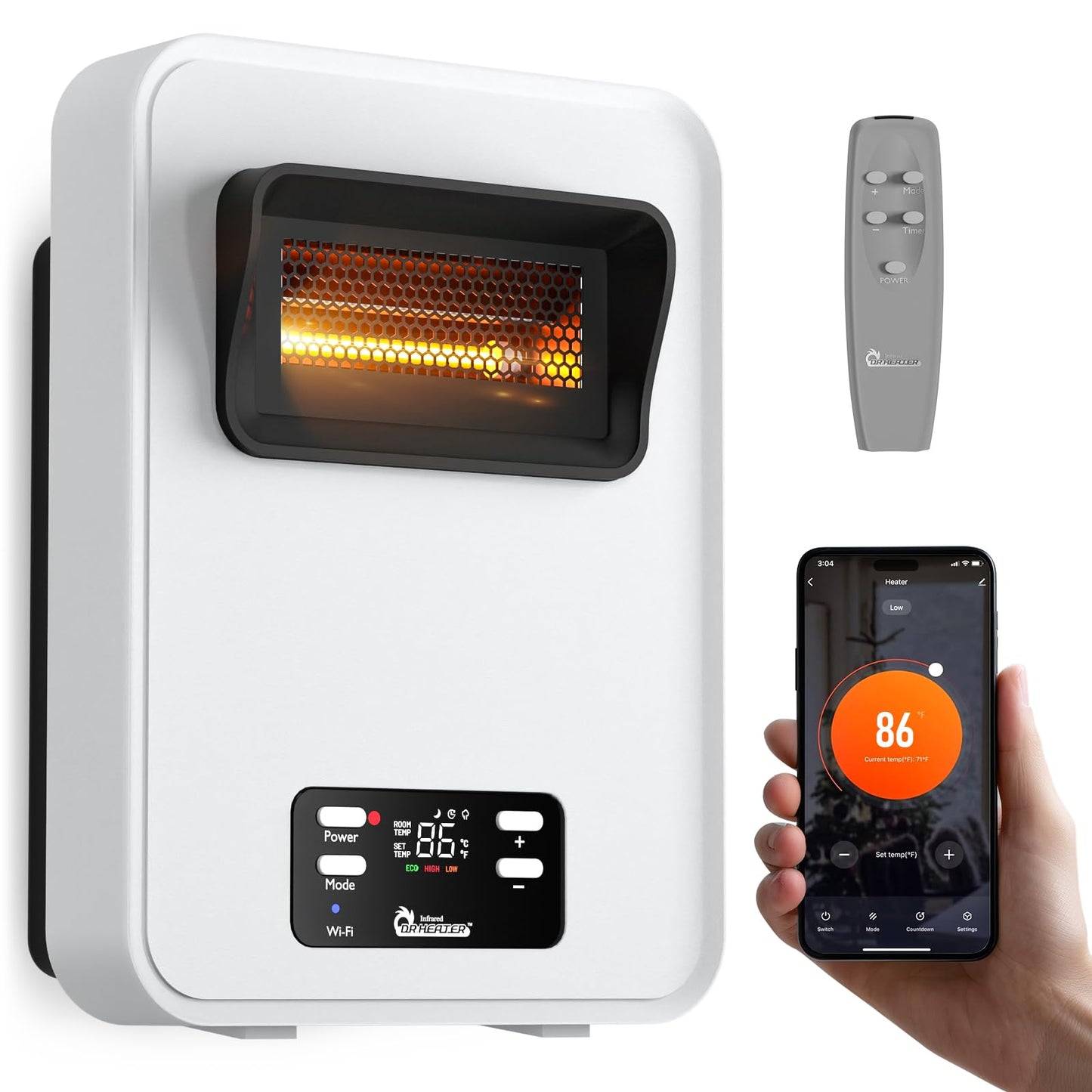 Dr. Infrared Heater Ecoheat Wall Hung or Wall Mounted Electric Space Heater, Dual System with Infrared and Fan Forced, Remote Control, 1500W, White