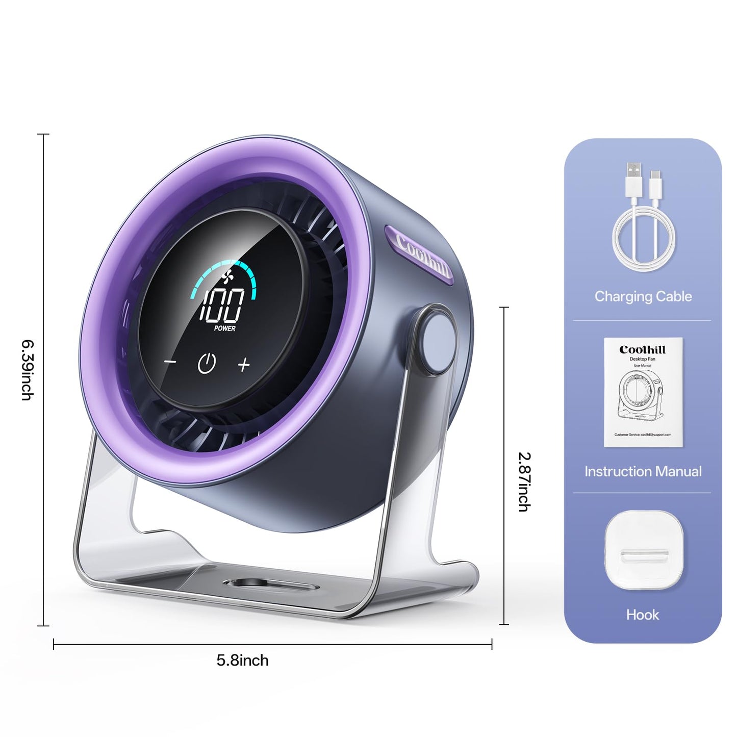 Coolhill USB Desk Fan for Bedroom: 100 Speeds Digital Display Quiet Table Fan with Turbo Airflow, 120° Rotating Small Rechargeable Battery Desktop Fans for Bedroom Home Office (Purple)
