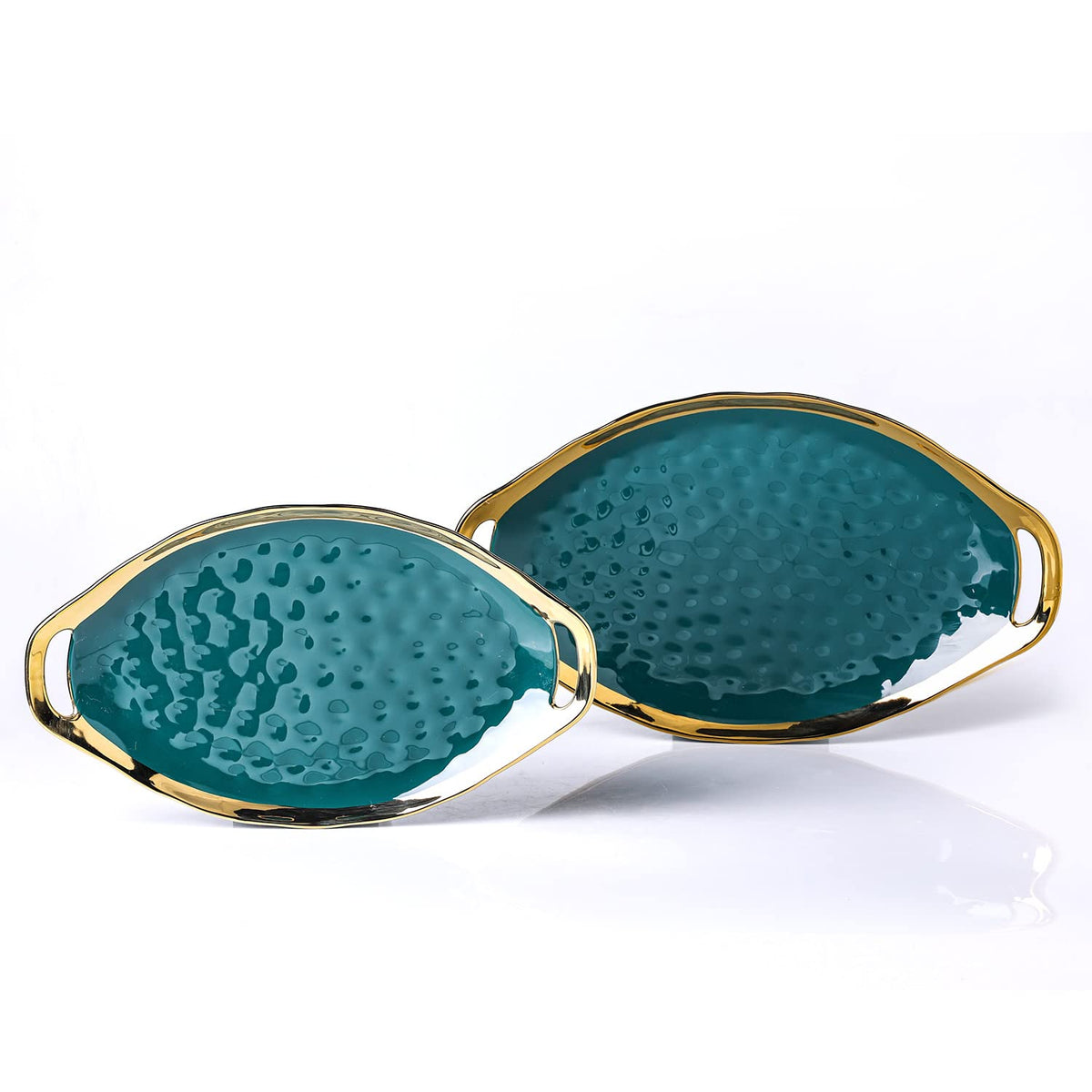 Stone Lain Florian Porcelain Large and Medium Oval Platters with Handle, Service Set, Green with Gold Rim