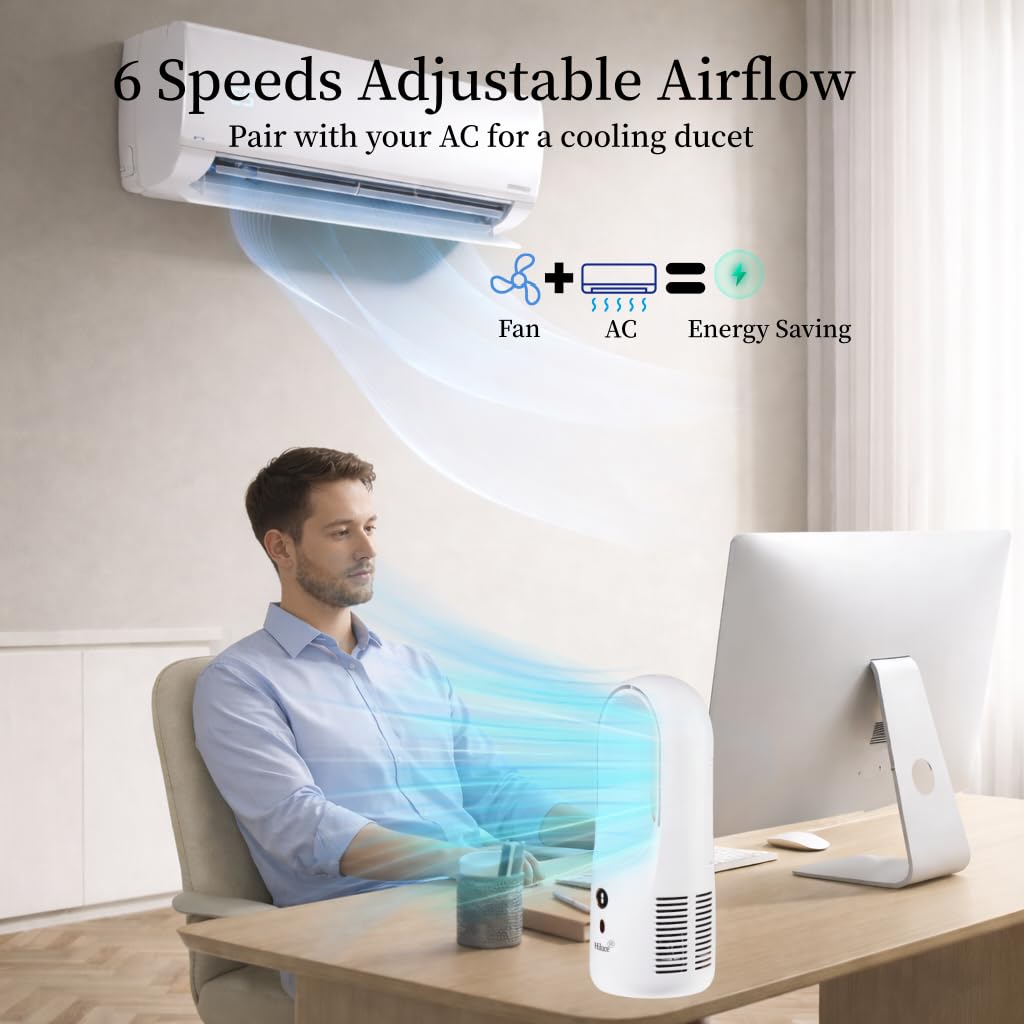 Hiluce Desk Fan Bladeless,6 Speeds 11.8 Inch Portable Office Fan, Battery USB Fans,Easy to Clean, Small Quiet Table Fan for Personal Bedroom Home Office Desktop, White