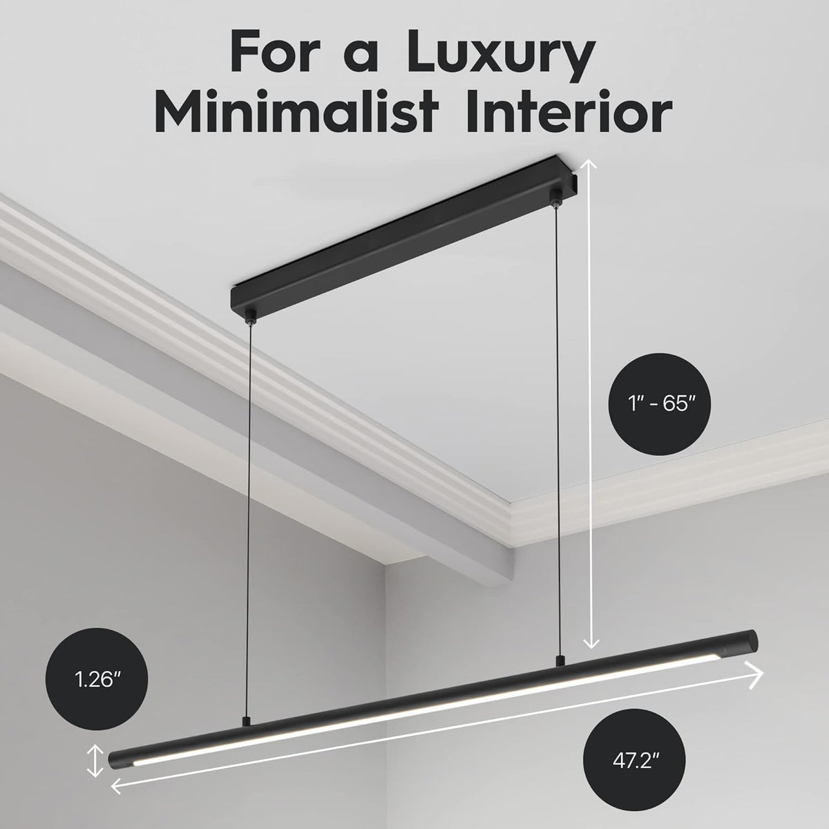 Lorbits LED Linear Pendant Light, Office Light, Flicker-Free, Dimmable, Modern Ceiling Lighting for Bedroom Dining Room Table, 20W 5000K Cold Light 47.2" Black