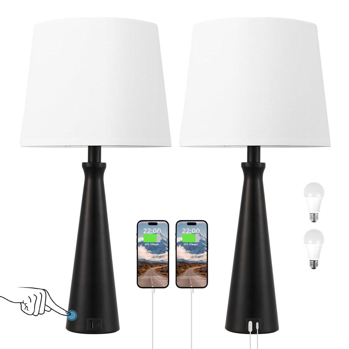Seealle Modern Table Lamps Set of 2 - Touch Bedside Lamp for Nightstand with Dual USB C+A,3-Way Dimmable Black Nightstand Lamps for Living Room Bedroom End Table(Bulb Included)
