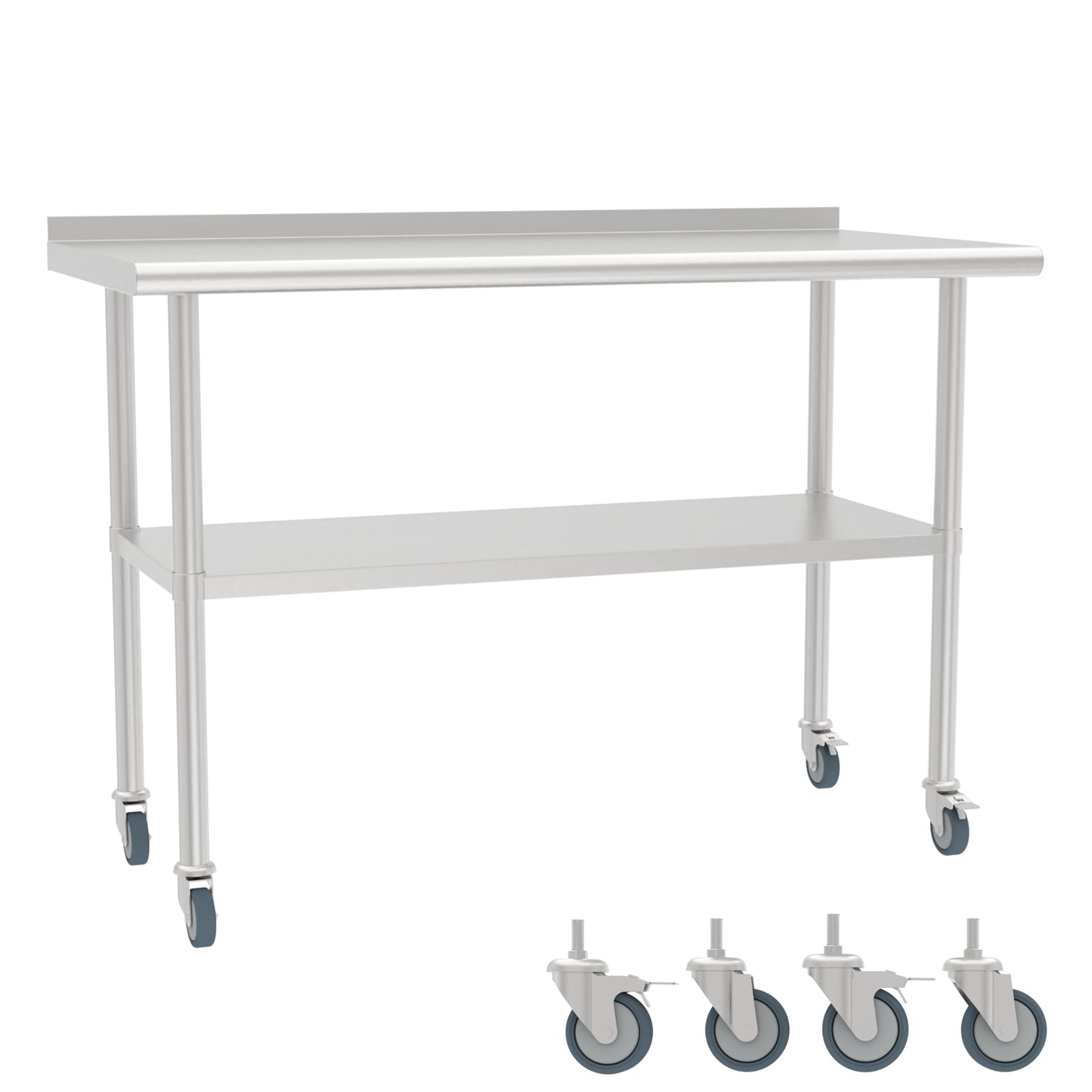 STEELBUS Stainless Steel Work Table with Back Panel,Undershelf and Casters,Commercial Prep Table for Kitchen, Restaurant,Garage,Workshop,NSF Certified,Durable,Scratch & Rust Resistant
