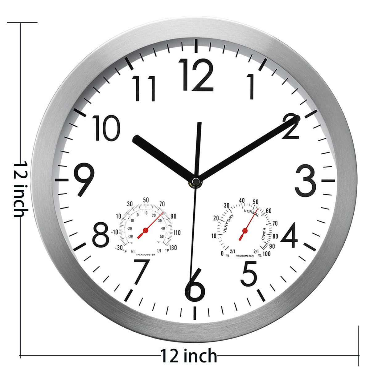 WOOPHEN 12 Inch Wall Clock with Temperature and Humidity, Battery Operated Non Ticking Silent Metal Frame Wall Clocks for Office, Home, Bathroom, Kitchen, Bedroom, School, Living Room(Silver)