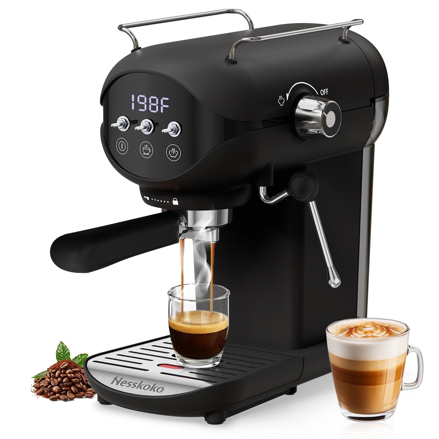 Nesskoko Espresso Machine with Steam Milk Frother Semi Automatic 20 Bar Compact Black with Toggle Switch for home Cafetera Espresso, Latte, Cappuccino, Americano, Macchiato