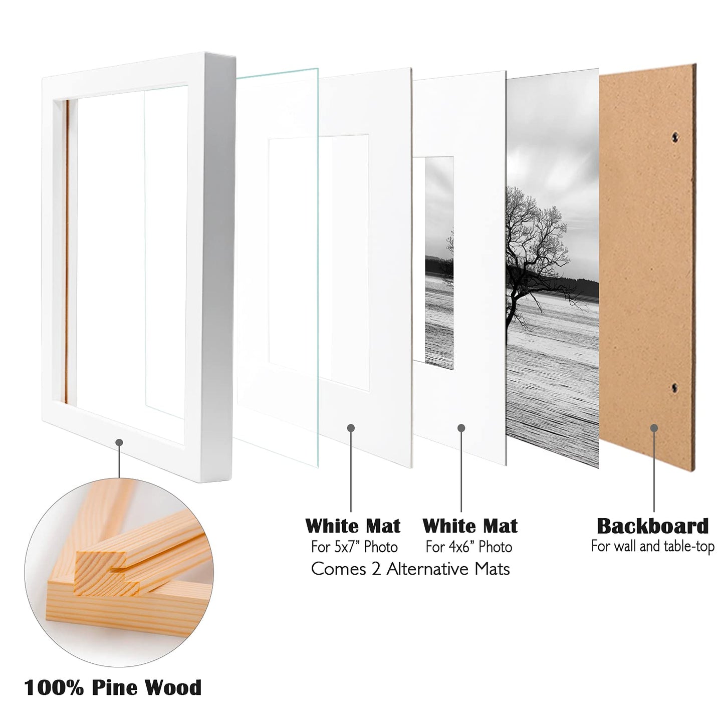 Egofine 8x10 Picture Frames Set of 6, Made of Solid Wood Covered by Plexiglass Display 4x6 and 5x7 with Mat or 8x10' without Mat, for Table Top Display and Wall Mounting Photo Frame White