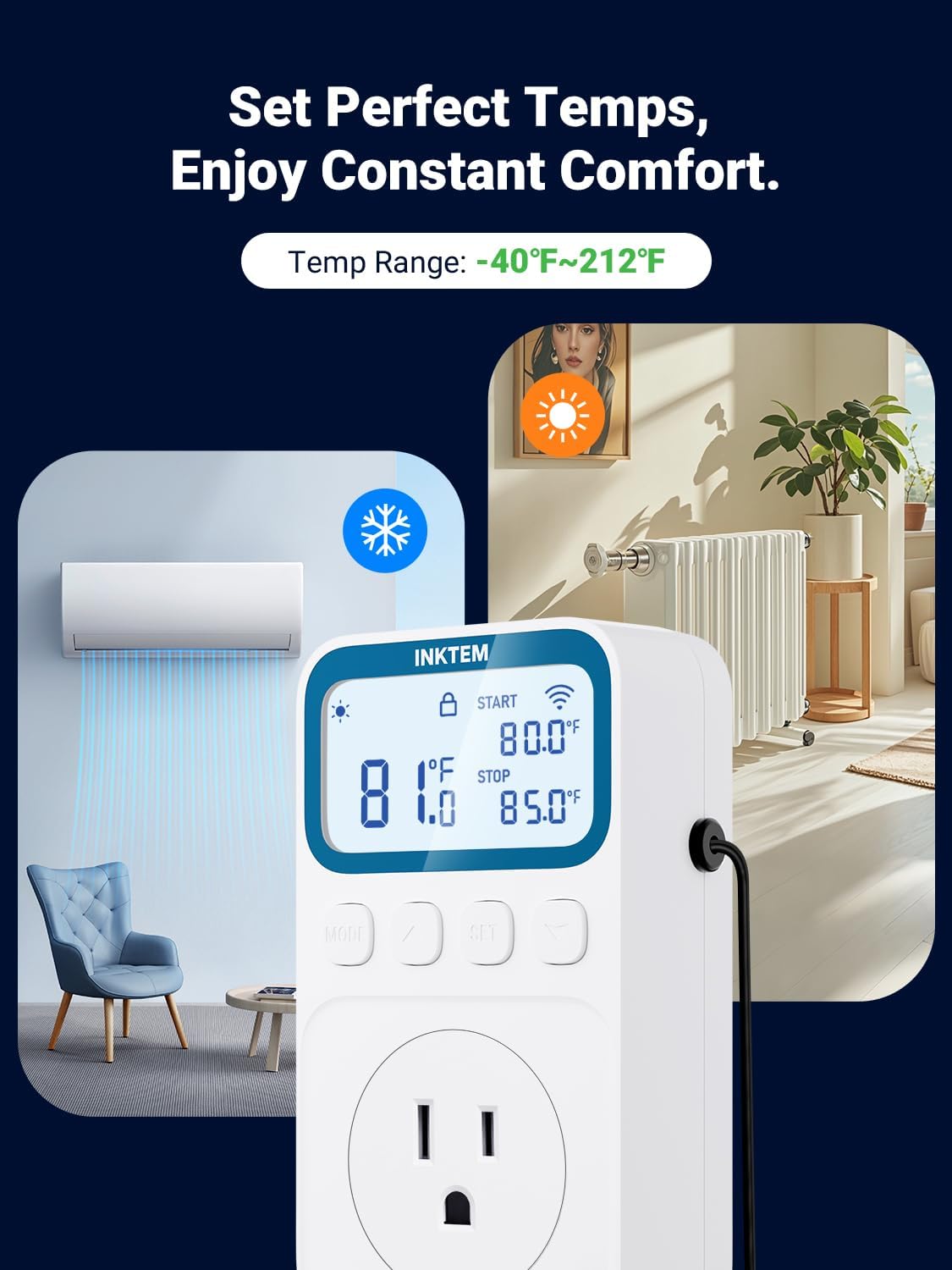 INKTEM WiFi Plug in Thermostat Outlet, Temperature Controlled Outlet with Smart APP, Timer & Memory Digital Temp Controller -40~212℉, IP67 Waterproof Probe for Incubator Homebrew Reptile Space Heater
