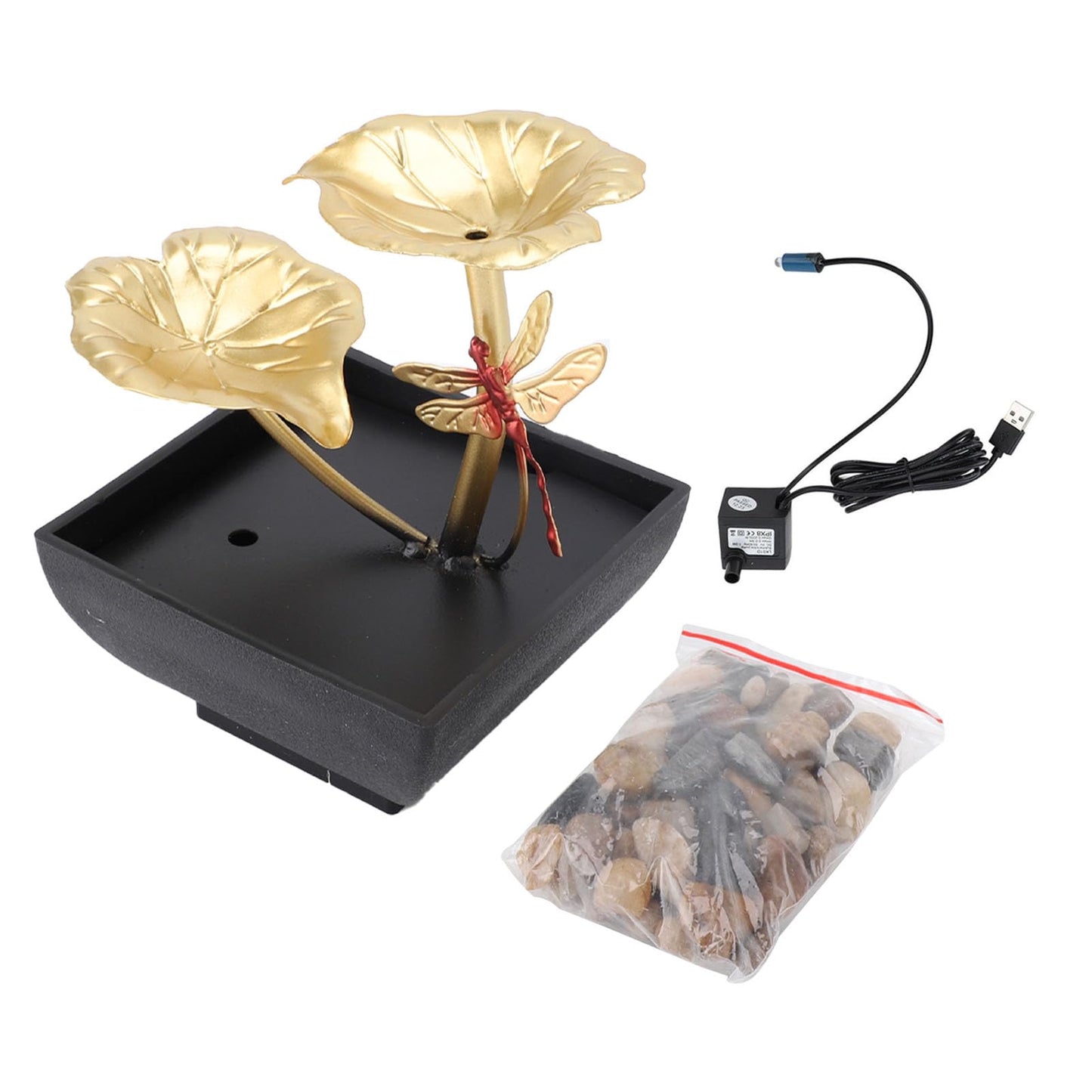 Lotus Leaf Dragonfly Fountain Water Decor, USB Tabletop Water Decor, Iron Circulating Water Feature Crafts Ornaments for Living Room Office