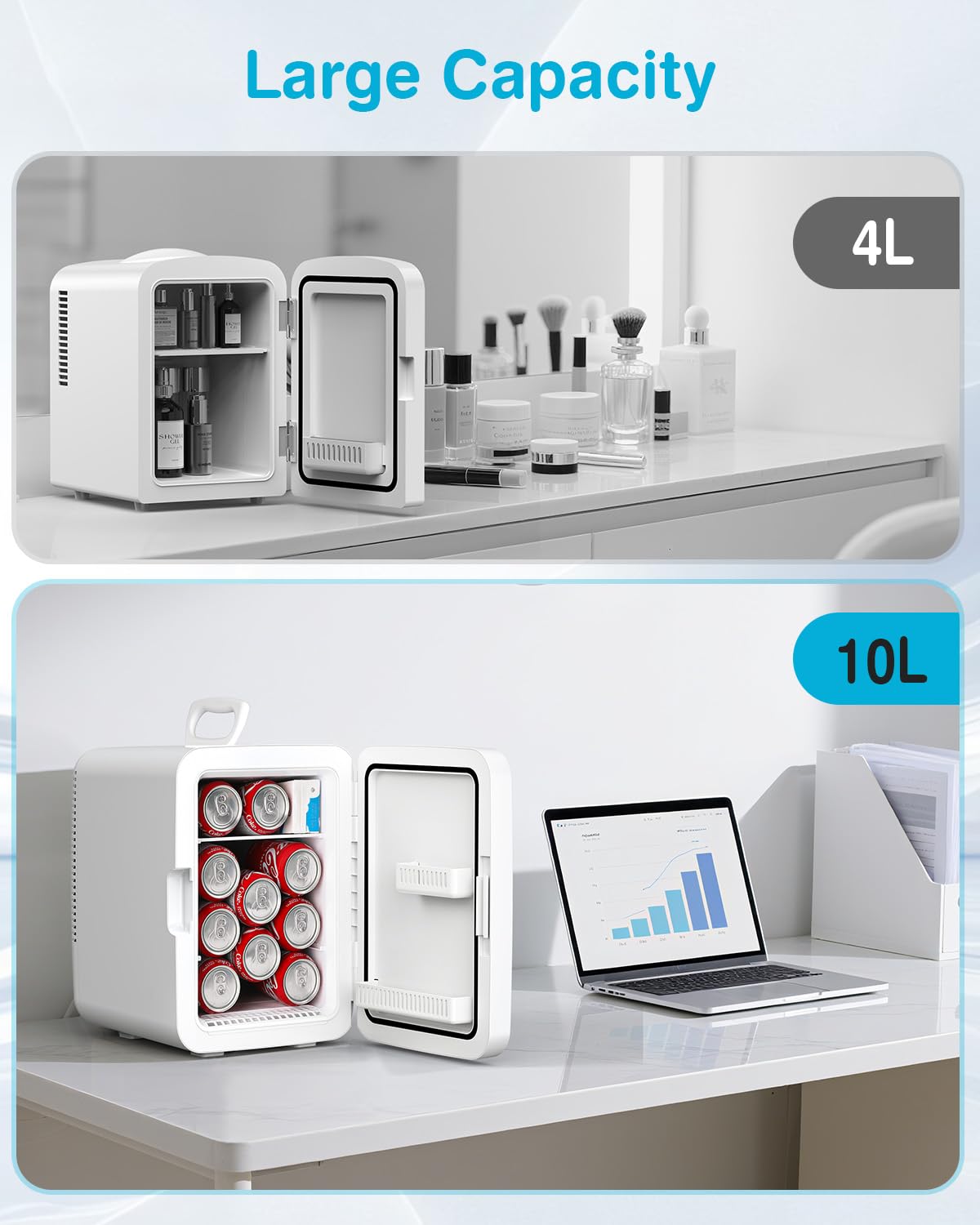 Antarctic Star Compact Mini Fridge, 10L Portable Small Refrigerator, 2.6 Gal Mini Fridge with AC/DC Adapters, Small Cosmetics Cooler for Beverage, Food, Makeup, Bedroom, Office, Dorm, White