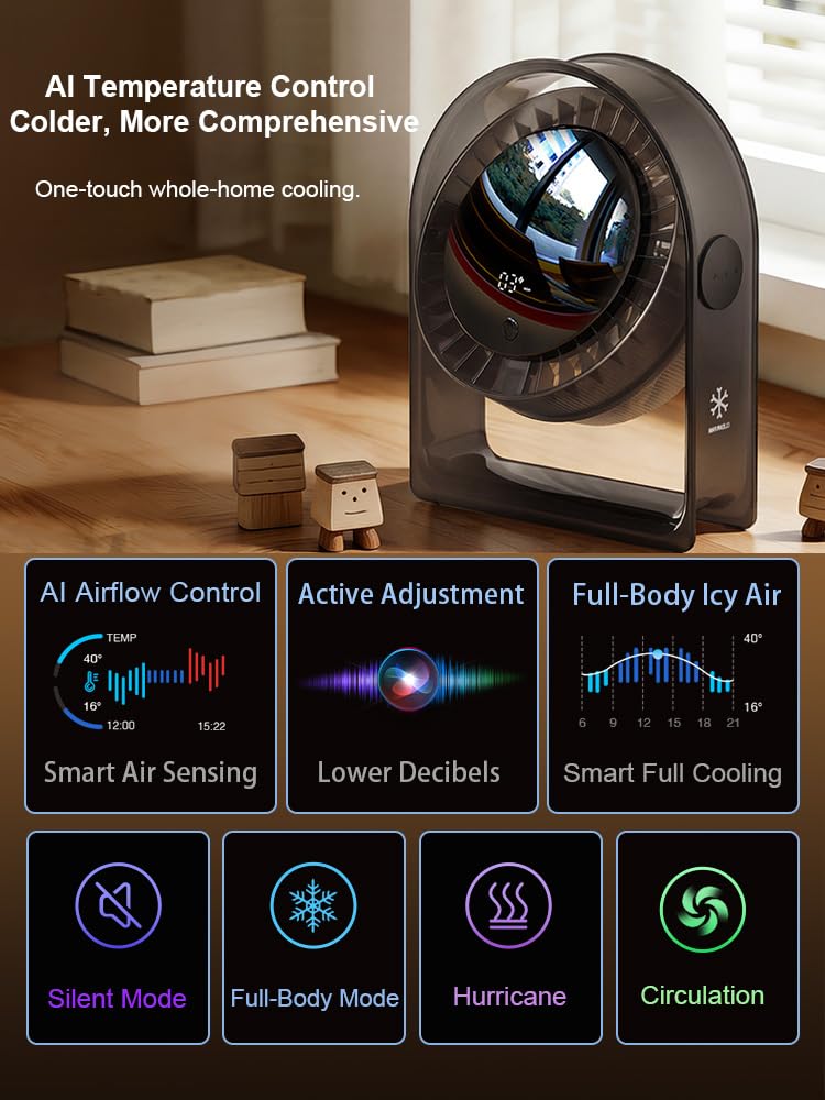2026 New Desk Fan, Quiet Air Circulator Mini Fan for Bedroom, Portable Smart Display USB Fan, 4 Speeds Strong Airflow, 120°Tilt, Small Desktop Table Fans For Office Bedside Room, Translucent Black