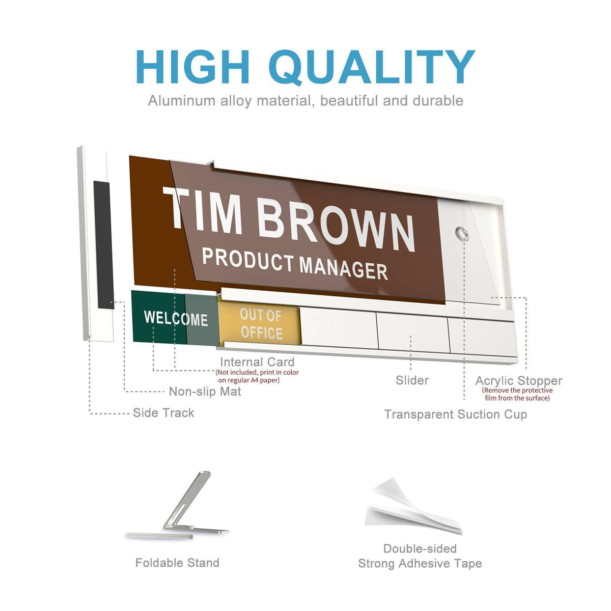 2-IN-1 Aluminum Name Plate For Desk/Doors/Cubicle Wall, With 4 Status Options, Combination Of Office Door Signs And Name Plate, Free To DIY The Printing Content (Silver)