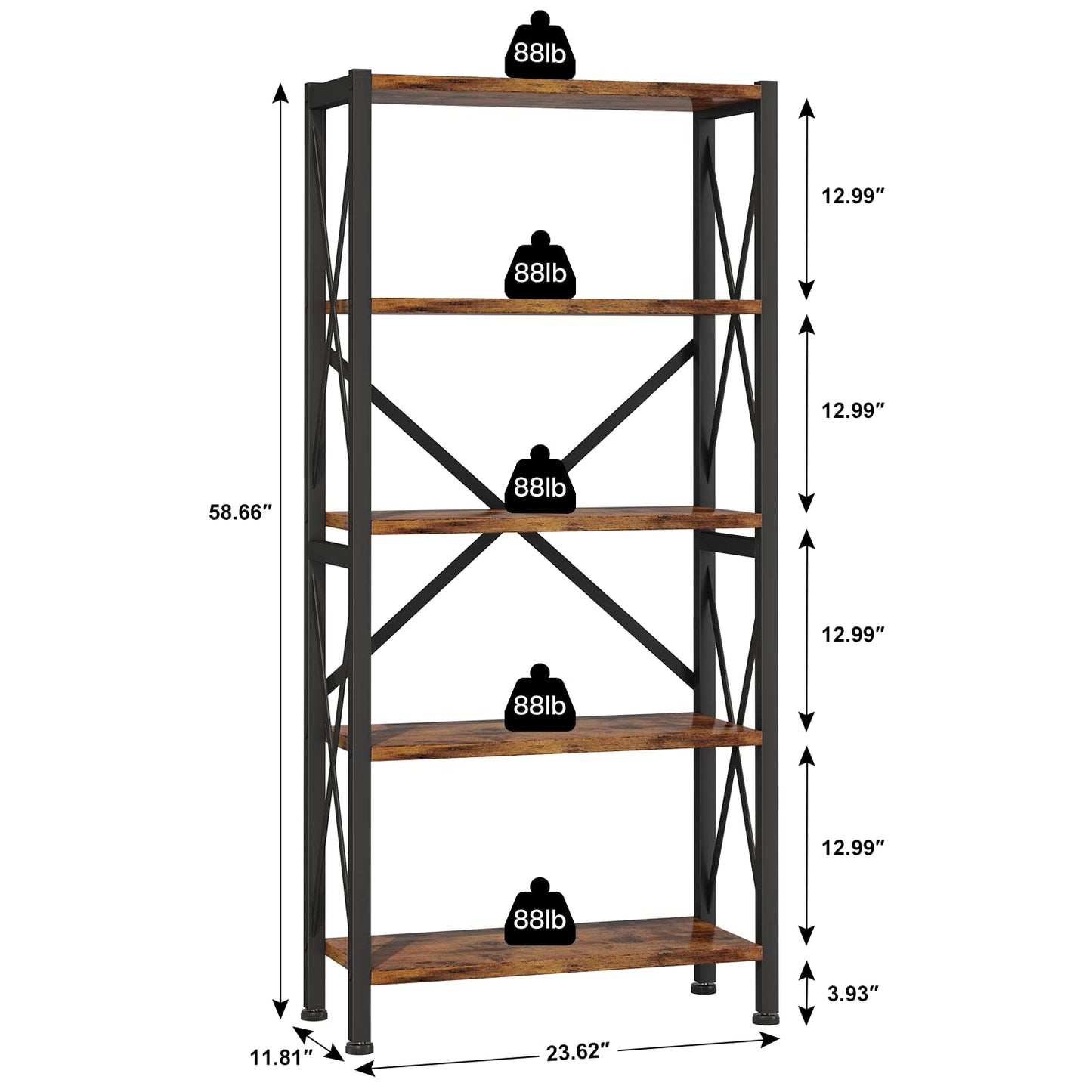 Homeiju 5-Tier Bookshelf,Wood Bookcase,Book Shelf with Steel Frame, Storage Rack with Open Shelves, Rustic Standing Bookshelves Ladder Shelf 110lbs/shelf for Bedroom,Living Room and Home Office