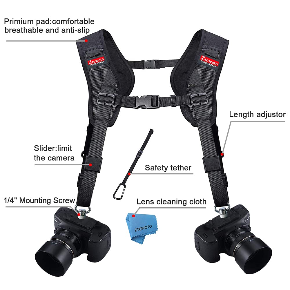 ztowoto Camera Shoulder Double Strap Harness Quick Release Adjustable Dual Camera Tether Strap with Safety Tether and Lens Cleaning Cloth for DSLR SLR Camera