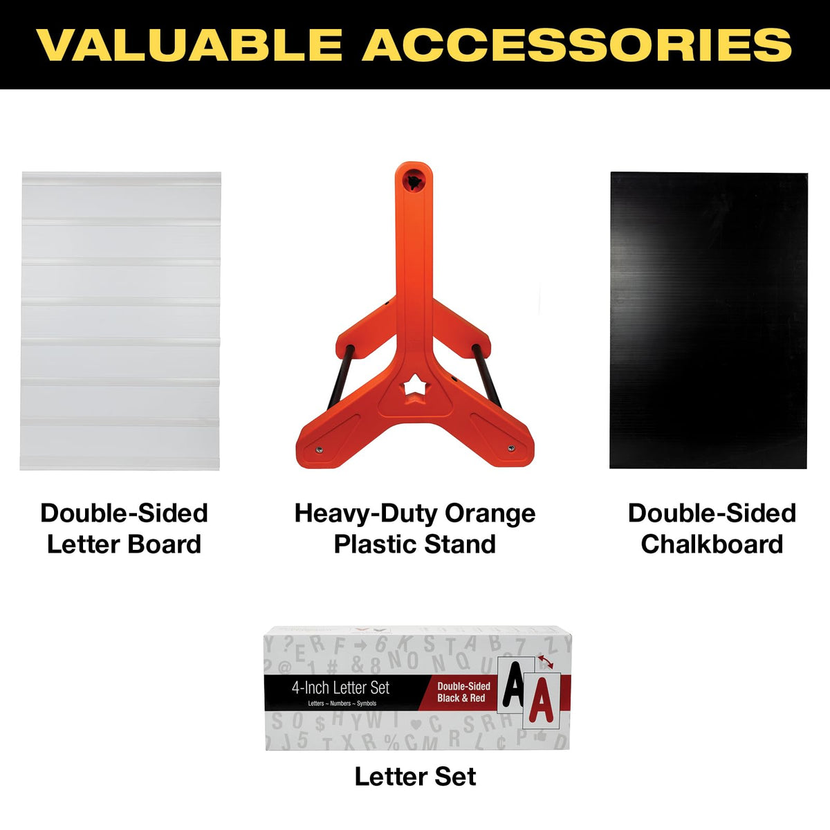 Swinging Changeable Message Sidewalk Sign: 24" x 36" Sign with 792 Pre-Cut Double Sided Letters and Storage Box. Includes Black Board & Letter Board (Orange Color Legs)