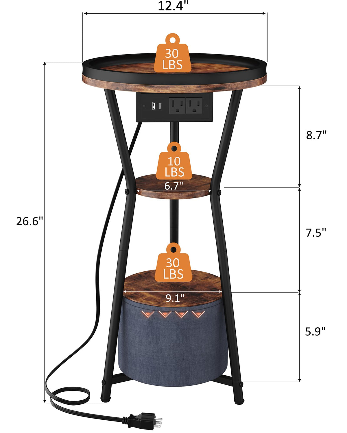 Yusong Round Side Table with Charging Station, Small Drink Table for Small Spaces, 3-Tier Industrial End Table, Accent Nightstand Bedside Table for Living Room, Bedroom, Sofa Couch, Rustic Brown