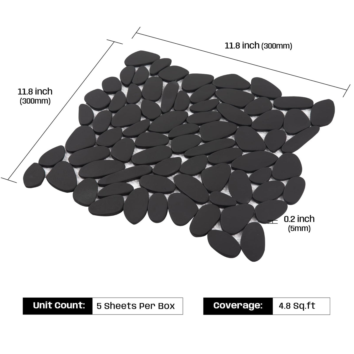 Adolif Pebble Tile for Shower Floor, Black Long Oval Pebble Mosaic Backsplash for Kitchen Bathroom Wall and Floor Tile and Outdoor Areas, 5 Sheets