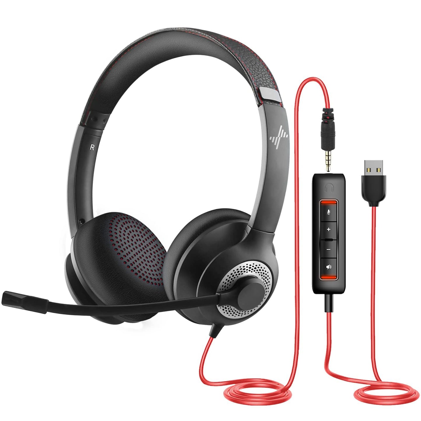 JIAMQISHI USB Headset with Microphone for PC, On-Ear Computer Laptop Headphones with Noise Cancelling Microphone in-line Control for Home Office Online Class Skype Zoom (USB+3.5mm, Black)