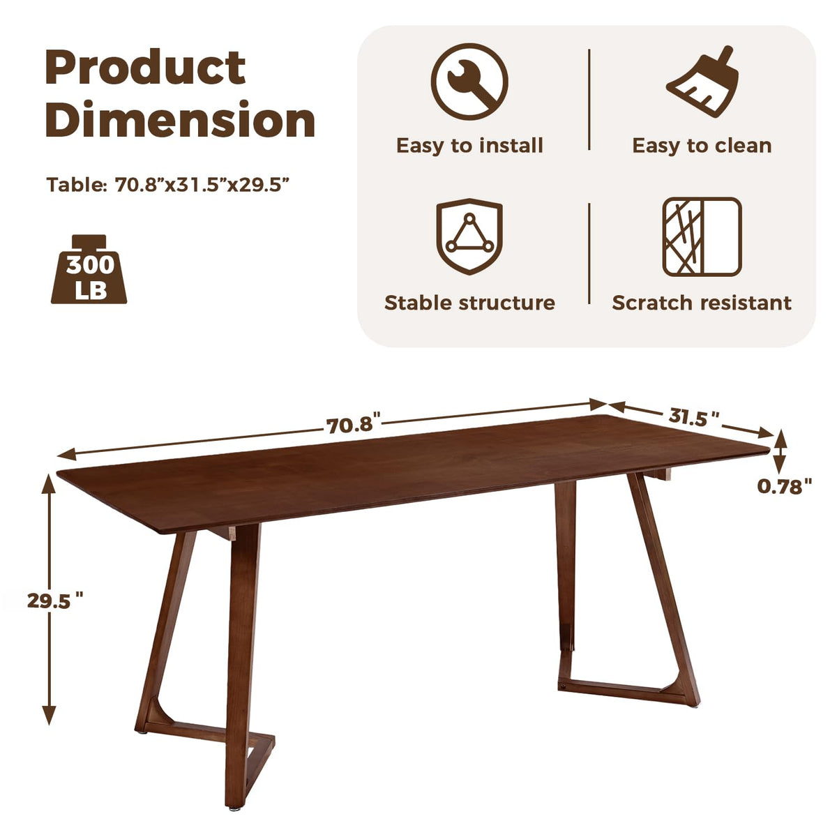 DELAVIN 70.8 Inch Large Solid Wood Dinner Table for 6-8 People, Modern Oak Kitchen Table with Natural Wood Grain, Luxury Rectangular Dining Table for Family, Office, Party, Easy Assembly, Walnut