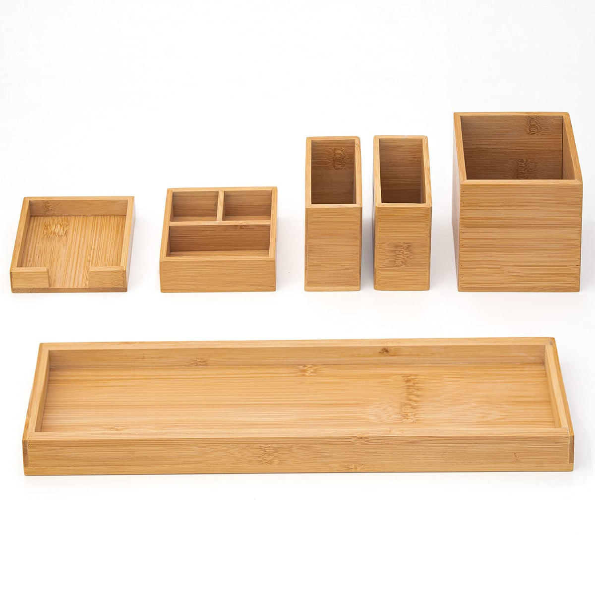 ROCDEER Bamboo Vanity Tray, 6-Piece Bathroom Countertop Vanity Tray Set, Makeup Kitchen Desk Organizer and Storage - Holds Small Items